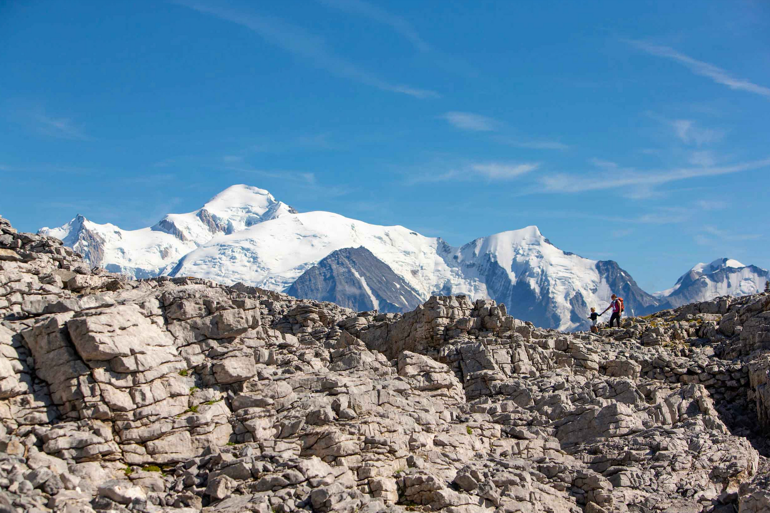 Paysage alpin du Désert de Platé avec vue panoramique sur le massif du Mont-Blanc, près de Chamonix, sur l’itinéraire de l’Ultra-Trail du Mont Blanc (UTMB).