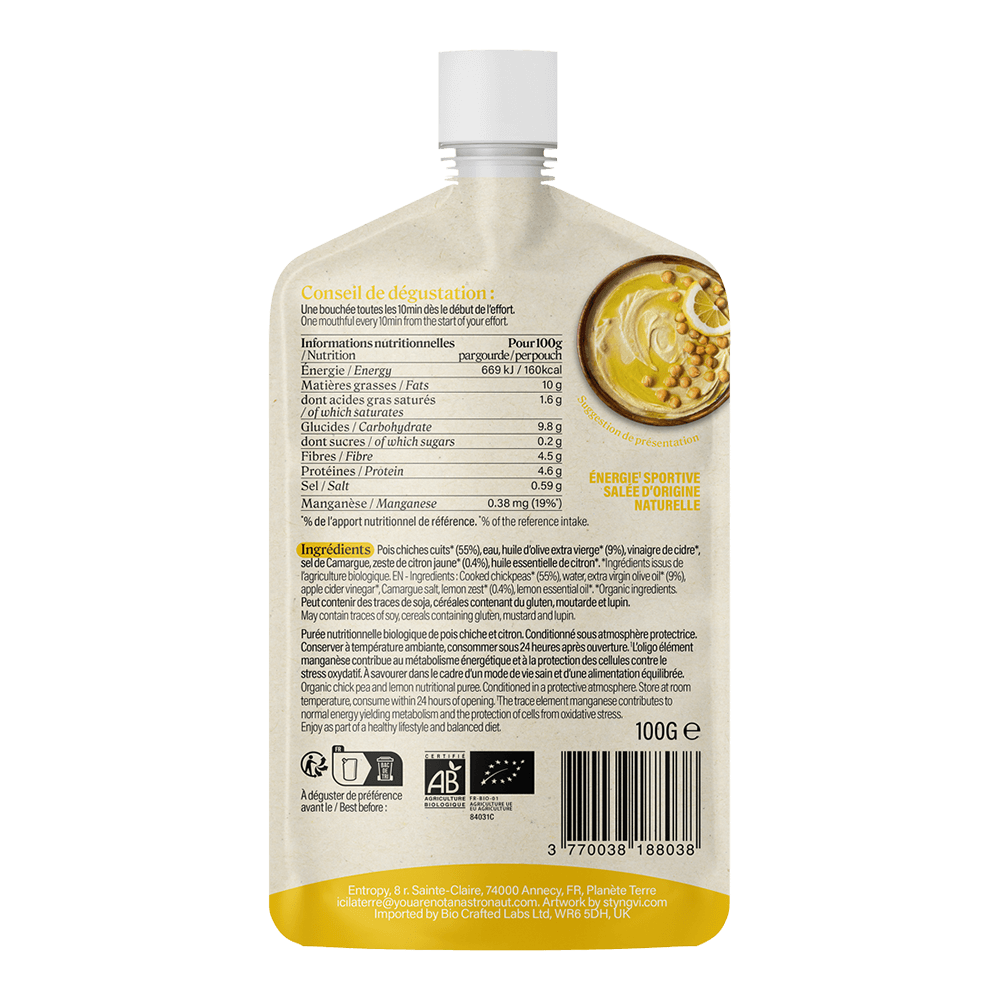 Sachet Yanaa Citron & Huile d’olive, verso avec tableau nutritionnel France