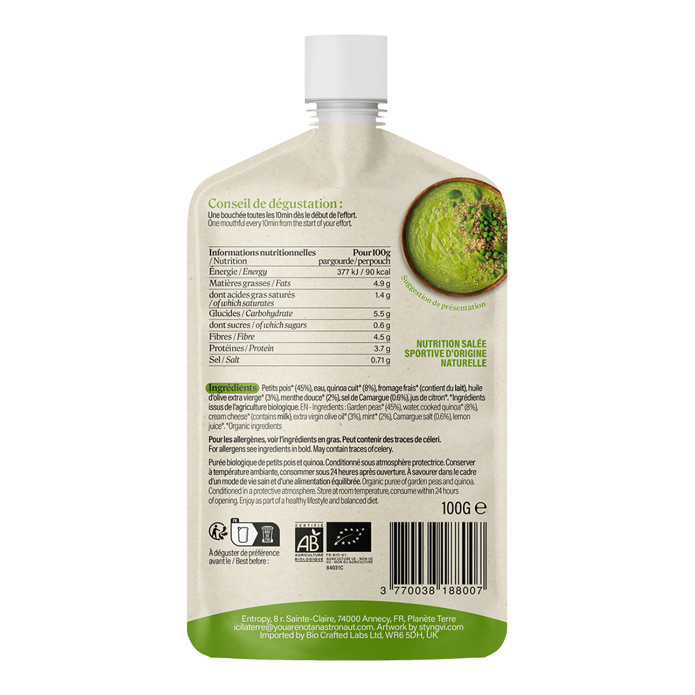 Sachet Yanaa Petits pois & Menthe, verso avec tableau nutritionnel France