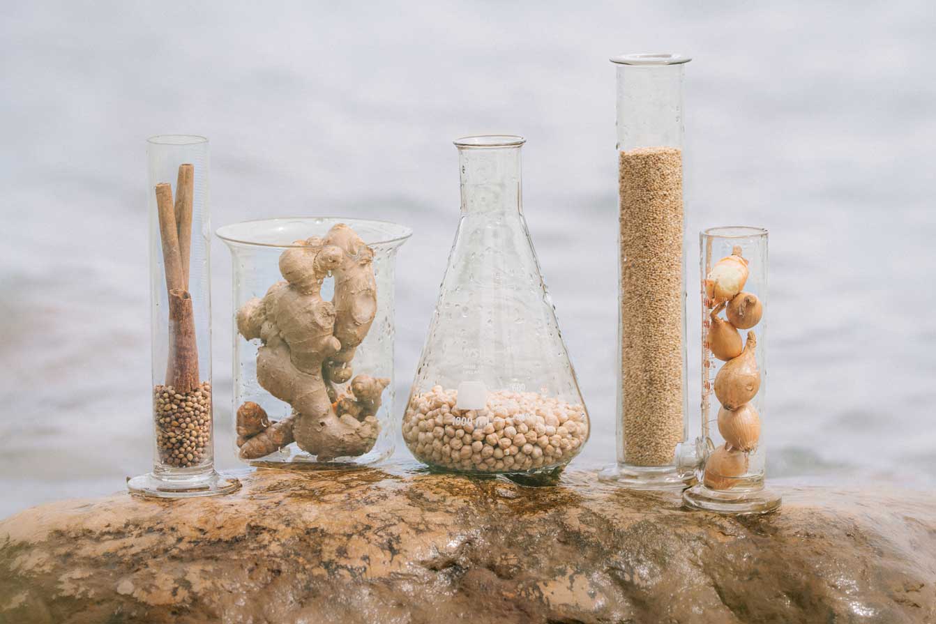 A photo of scientific glassware filled with raw food ingrediants