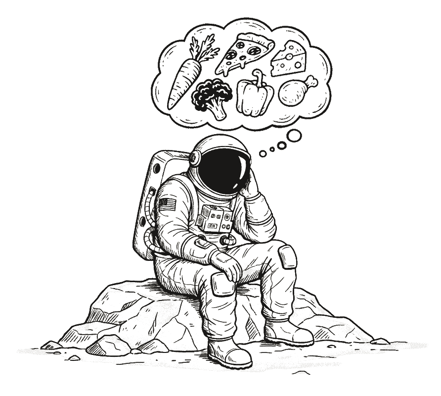 Illustration of an astronaut thinking about savoury foods, representing that most athletes prefer savoury options