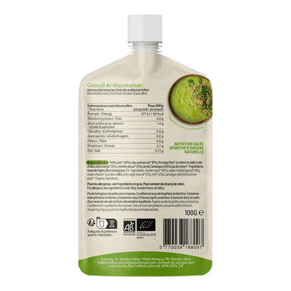 Sachet Yanaa Petits pois &amp; Menthe, verso avec tableau nutritionnel France