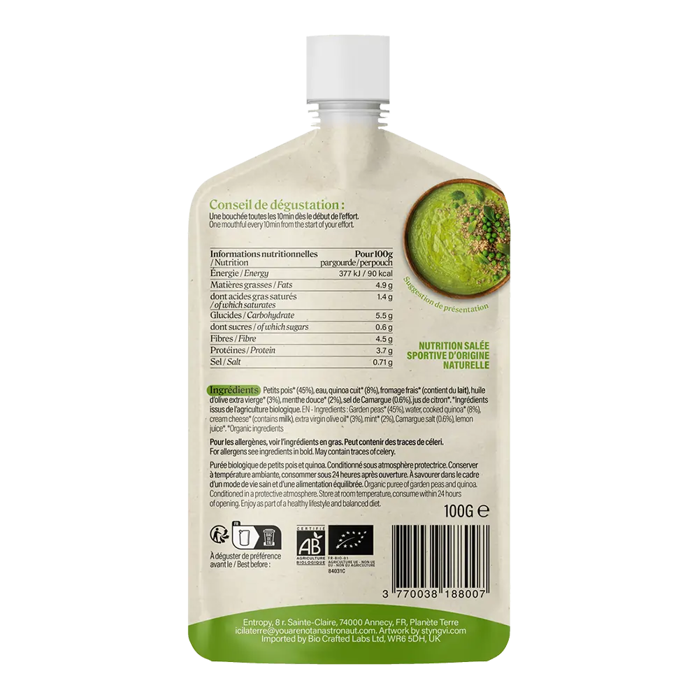 Sachet Yanaa Petits pois &amp; Menthe, verso avec tableau nutritionnel France