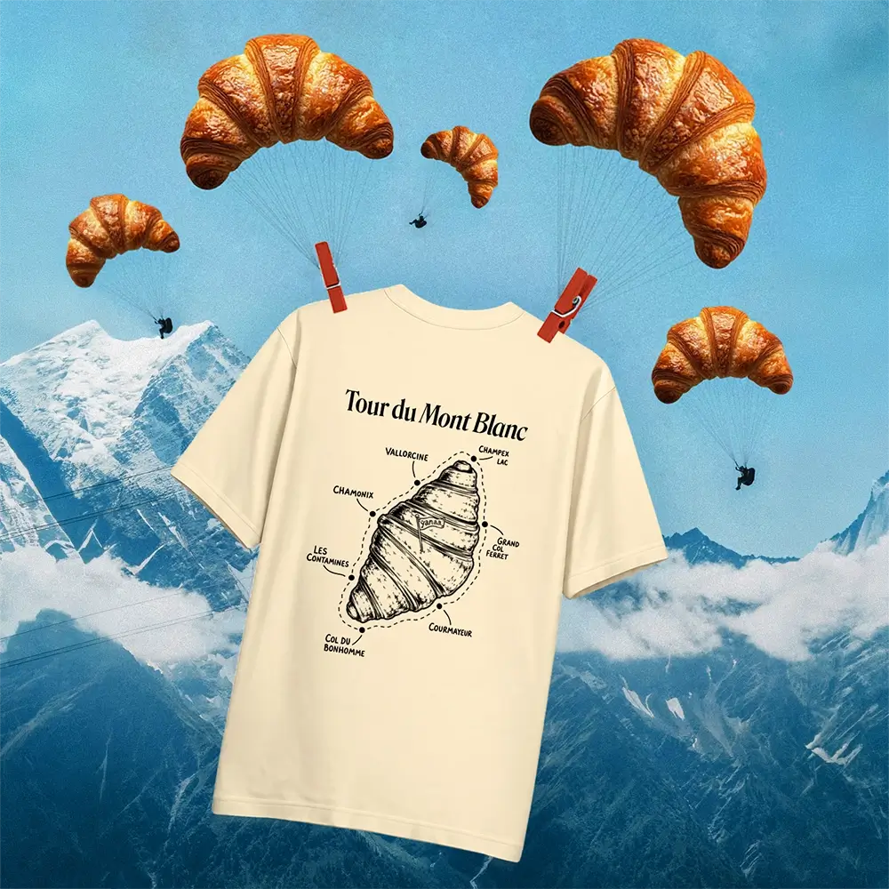 Yanaa t-shirt of tour du mont blanc floating with croissant paragliders